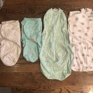 Set of 4 Swaddles/Sleep Sacks (Swaddle Me, Woombie, and Halo)